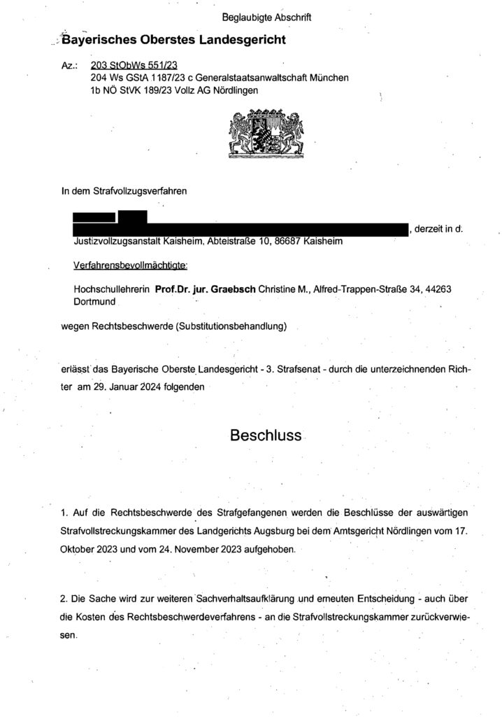 Beschluss des Bayerischen Obersten Landesgericht zur Substitution in Haft_Vorschaubild